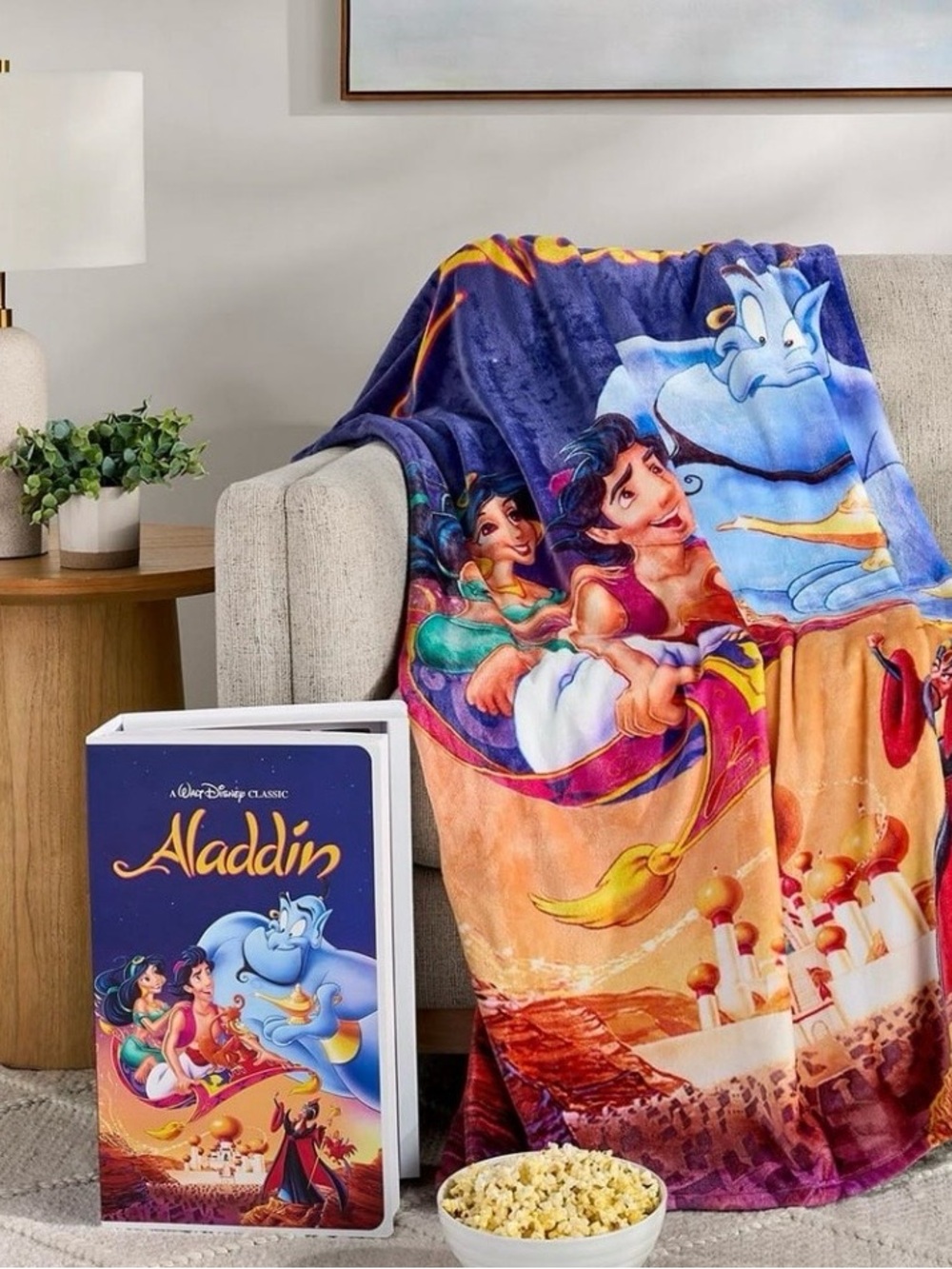 The VIRAL Disney Aladdin Throw Blanket + VHS display Case COLLECTIBLE
